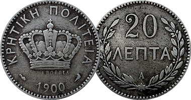 Greece (Crete) Lepton and 2, 5, 10, and 20 Lepta 1900
