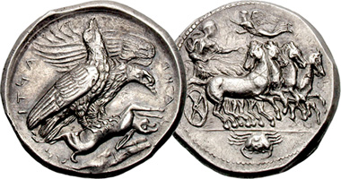 Ancient Greece Sicily Tetradrachm with Two Eagles and Quadriga (Fakes are possible) 410BC