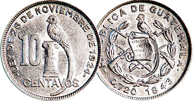 Guatemala 5 and 10 Centavos, 1/4, 1/2, and 1 Quetzal, 5, 10, and 20 Quetzales 1925 to 1949