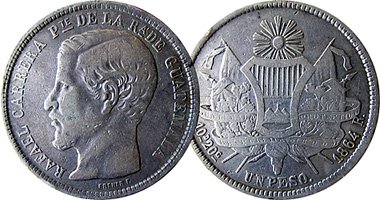 Guatemala 25 Centavos and 1 Peso 1859 to 1869