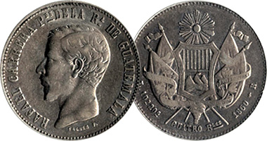 Guatemala 1/2, 1, 2, and 4 Reales 1859 to 1869