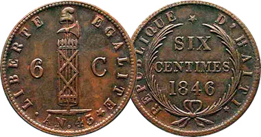 Haiti 1, 2, and 6 Centimes 1828 to 1850