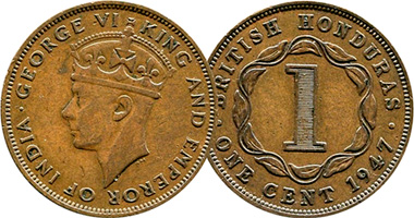 Honduras (British Honduras, Belize) 1 Cent 1911 to 1954