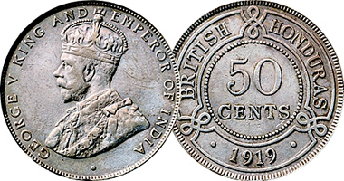 Honduras (British) 5, 10, 25, and 50 Cents 1894 to 1973