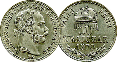 Hungary 10 and 20 Krajczar 1868 to 1889