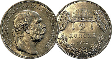 Hungary 1, 2, and 5 Korona 1892 to 1916