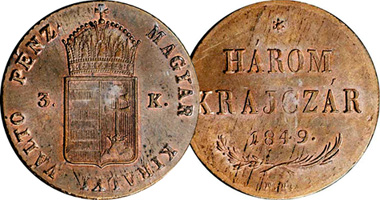 Hungary 1 (Egy), 3 (Harom), and 6 (Hat) Krajczar 1848 and 1849