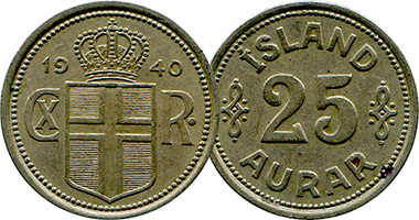 Iceland 10 Aurar and 25 Aurar 1940 to 1942
