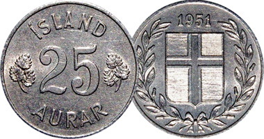 Iceland 1 Eyrir, and 5, 10, 25, and 50 Aurar 1946 to 1974