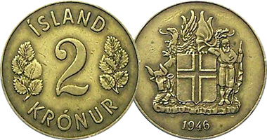 Iceland 1 Krona and 2, 5, and 10 Kronur 1946 to 1980