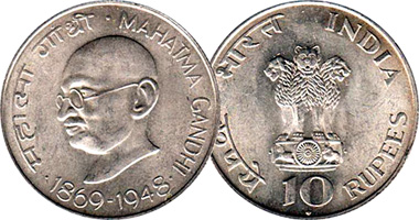 India 1 and 10 Rupees (Mahatma Gandhi) 1969