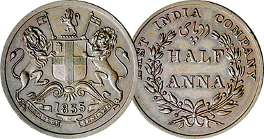 India (British) 1/12, 1/4, and 1/2 Anna and 1/2 Pice 1833 to 1858