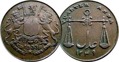 India (British) Pie, 1/2 Pice, Pice, 2 Pice and 1/4 and 1/2 Anna 1804 to 1834