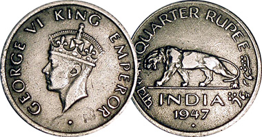 India 1/4, 1/2, and 1 Rupee 1946 and 1947