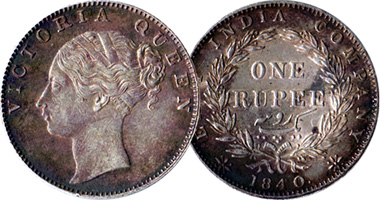 India 1/4, 1/2, and 1 Rupee 1840 to 1849
