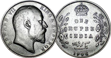 India (British) 2 Annas and 1/4, 1/2, and 1 Rupee 1903 to 1910
