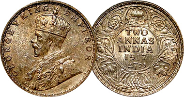 India (British) 2 Annas, 1/2 Rupee, and 1 Rupee 1912 to 1936