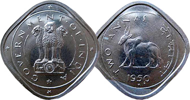 India 1/2 and 2 Annas 1950 to 1955