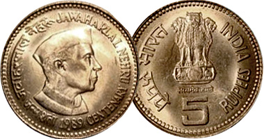India 1, 5, 20, and 100 Rupees 1989