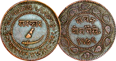 India (Baroda State) Pai, Paisa, and 2 Paisa 1883 to 1893
