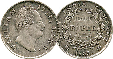 India 1/4, 1/2, and 1 Rupee 1835