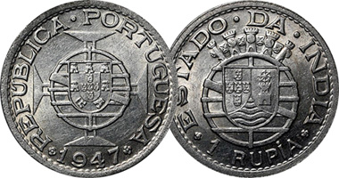 India (Portuguese) Tanga, 1 Rupia, Centavos, and Escudos Coinage 1934 to 1959