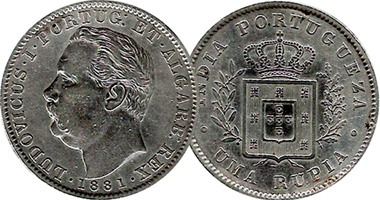 India (Portuguese) 1/8, 1/4, 1/2, and 1 Rupia 1881 and 1882