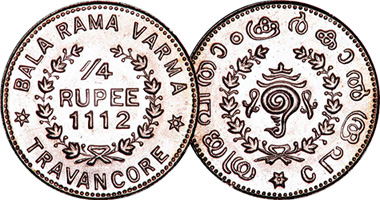 India (Travancore) 1/4 and 1/2 Rupee (Rama Varma VI and Bala Rama Varma II) 1889 to 1943
