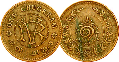 India Travancore 4 and 8 Cash, and 1 Chuckram 1901 to 1935