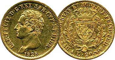Italy Sardinia 20, 40, and 80 Lire 1821 to 1832