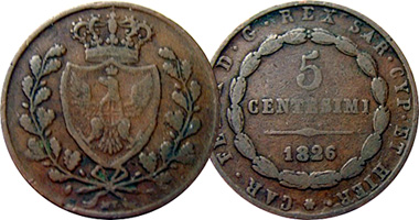 Italy Sardinia 1, 3, and 5 Centesimi 1826