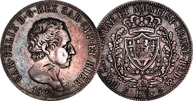 Italy Sardinia 1, 2, and 5 Lire 1821 to 1849