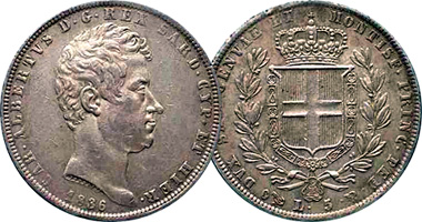 Italy Sardinia 25, 50 Centesimi, and 5 Lire 1832 to 1849