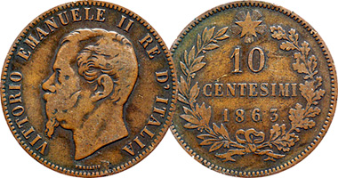 Italy 1 centesimo, 2, 5, and 10 Centesimi 1861 to 1867
