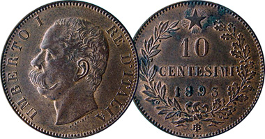 Italy Centesimo and 2, 5, and 10 Centesimi 1893 to 1900