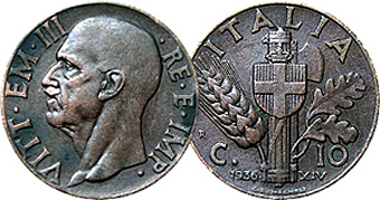 Italy 10 Centesimi 1936 to 1943