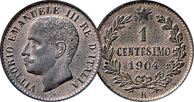 Italy 1 Centesimo and 2 Centesimi 1902 to 1908