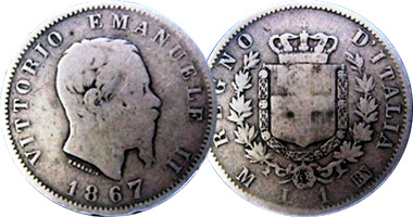 Italy 1 Lira, and 2 and 5 Lire (Fakes are possible) 1861 to 1878