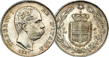 Italy 50 Centesimi and 1, 2, and 5 Lire (Umberto) 1881 to 1900