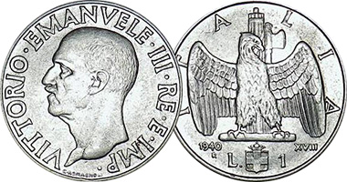 Italy 1 Lira and 2 Lire 1936 to 1943