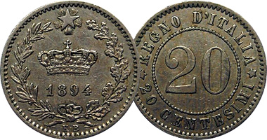 Italy 1894 KB 20 Centesimi Coin.