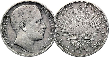 Italy 1 Lira, 2 Lire, and 5 Lire (Fakes are possible) 1901 to 1907
