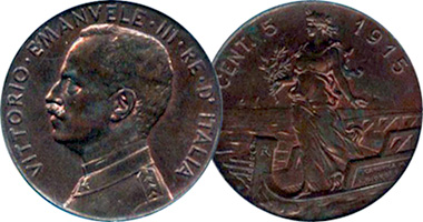 Italy 1 Centisimo and 2 and 5 Centesimi 1908 to 1918