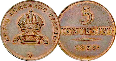 Italy (Lombardy-Venetia) 1, 3 and 5 Centesimi 1839 to 1846