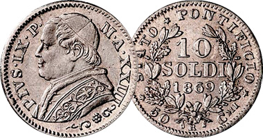 Italy Papal States 5, 10 Soldi and 1, 2, 2 1/2, 5 Lire (Pius IX) 1866 to 1870