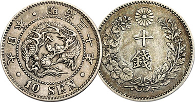 Japan 5, 10, 20, 50 Sen and 1 Yen (Fakes are possible) 1873 to 1900