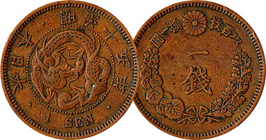 Coin Value: Japan 1/2, 1, and 2 Sen 1873 to 1892
