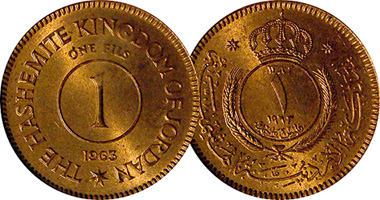 Jordan 1 Fil, 1 Fils, and 5, 10, 20, 50, and 100 Fils 1949 to 1967