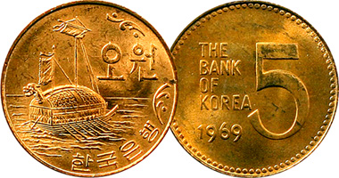 Korea (South) 5 Won 1966 to 1982