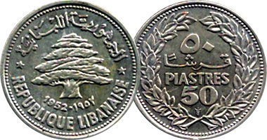 Lebanon Cedar Tree 5, 10, 25, and 50 Piastres 1968 to 1980